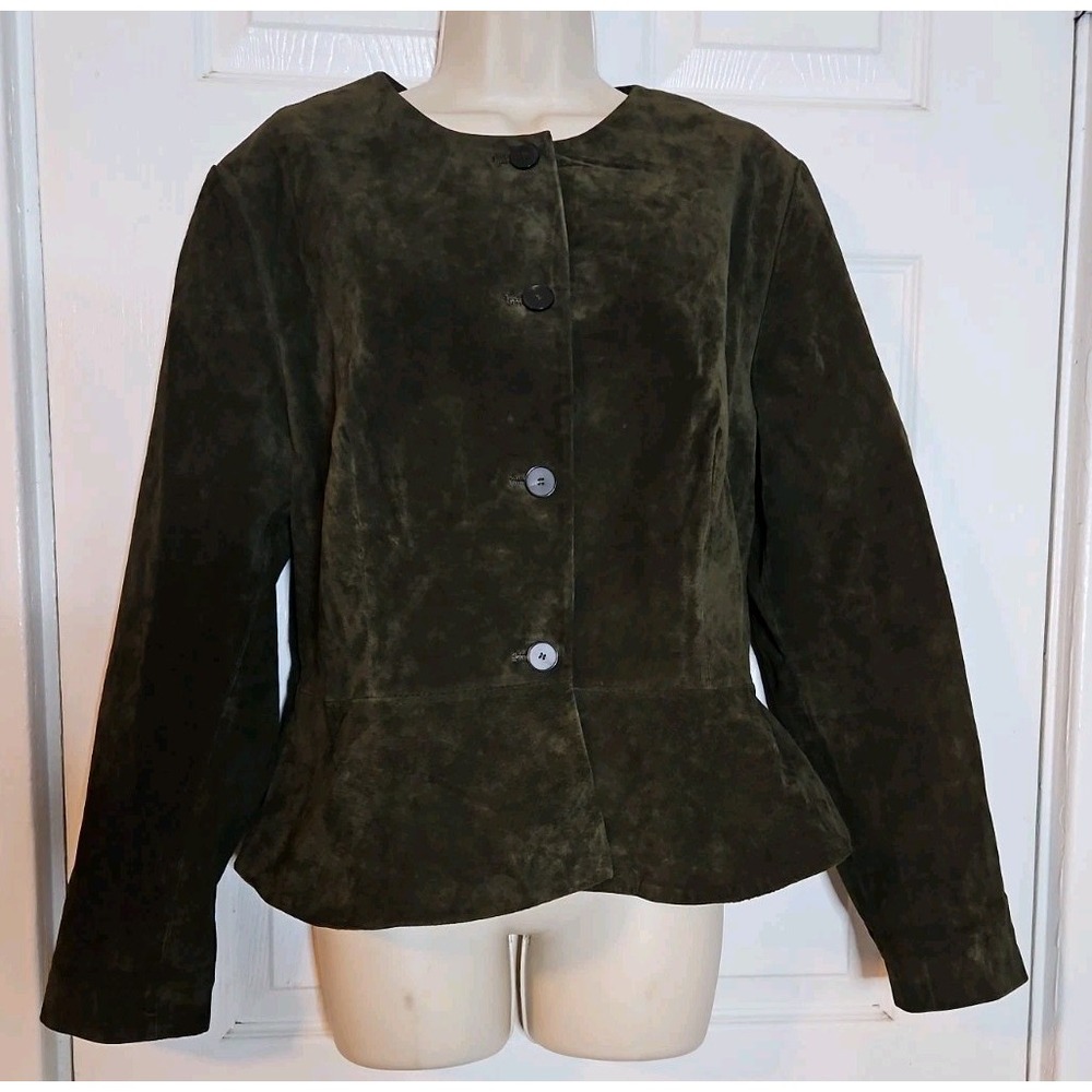Zara Womens XL Peplum Blazer Jacket Olive Green Suede Leather Dark Academia